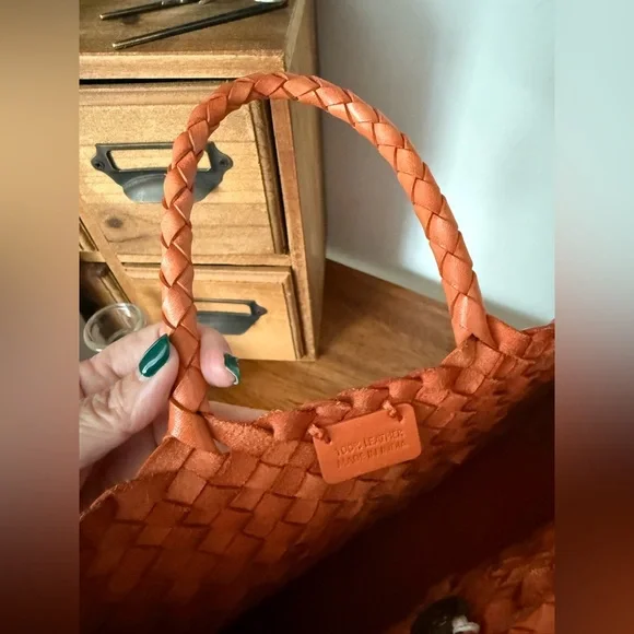 Dragon Diffusion Santa Croce Small Orange Woven Leather Tote - Picture 6 of 9